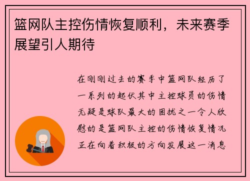 篮网队主控伤情恢复顺利，未来赛季展望引人期待